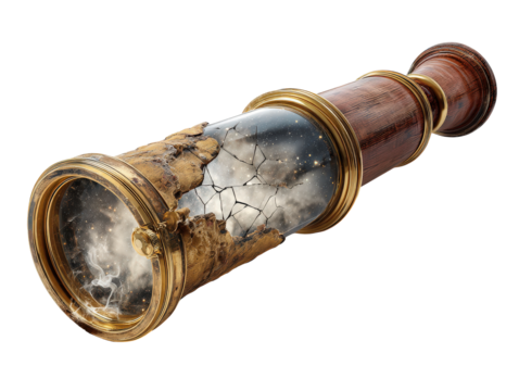 A fantastical antique telescope broken and crumbling containing a cracked glass galaxy with stars and smoke.