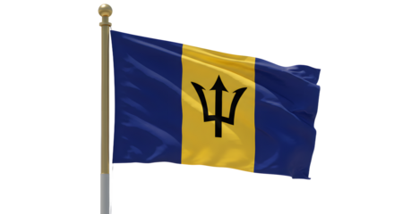 Flag of Barbados waving on a flagpole against white background, national symbol of Barbados, perfect for cultural or international themes