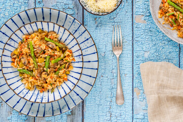 Chorizo, mushroom and asparagus risotto
