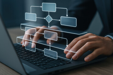 Fototapeta premium Businessman working on laptop with digital flowchart interface showing process management