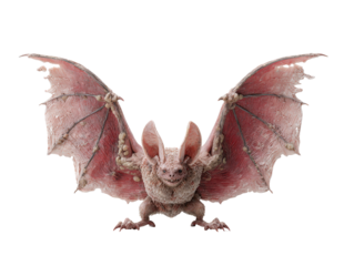 Fearsome fantasy bat monster with furry body large ears and wide-spread decaying pink wings.