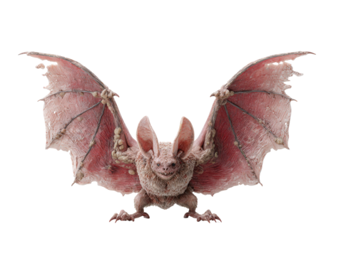 Fearsome fantasy bat monster with furry body large ears and wide-spread decaying pink wings.