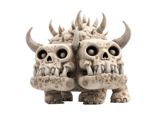 Fototapeta premium Stylized two-headed beast with skull faces sharp teeth and ornate spiral carvings on its bone-like body.