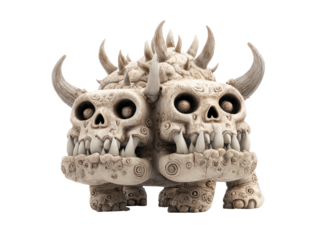 Stylized two-headed beast with skull faces sharp teeth and ornate spiral carvings on its bone-like body.