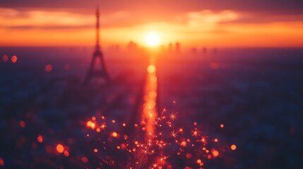 Sparkling sunset over city skyline, iconic tower in distance