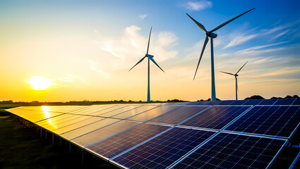 Solar Panels and Wind Turbines Reflecting a Golden Sunset Sky