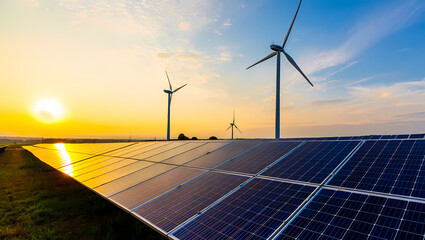 Solar Panels and Wind Turbines Reflecting a Golden Sunset Sky