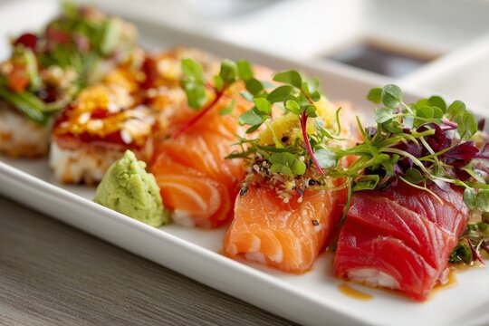 Blue Marlin Swordfish sushi platter with vibrant garnishes and fresh wasabi on a white plate