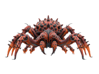 Menacing orange and black spiked alien crab monster with a glossy armored carapace posed in a threatening frontal stance.