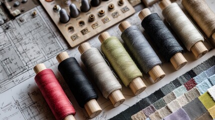 Assorted Thread Spools and Sewing Supplies on Vintage Blueprints and Fabric Swatches for Craft and Design Projects