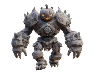 Imposing stone golem with a glowing jack-o-lantern head and spiked rock armor.