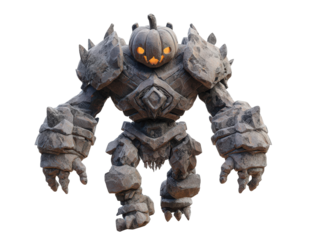 Imposing stone golem with a glowing jack-o-lantern head and spiked rock armor.