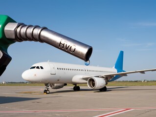 Ultra sharp close-up HVO nozzle with droplet, fueling passenger airplane on airport tarmac, bright daylight, realistic