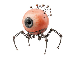 Surreal biomechanical spider monster with a giant veiny eyeball body and multiple sensor eyes.