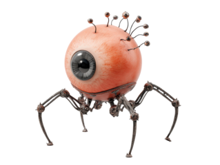 Surreal biomechanical spider monster with a giant veiny eyeball body and multiple sensor eyes.