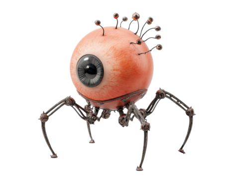 Surreal biomechanical spider monster with a giant veiny eyeball body and multiple sensor eyes.
