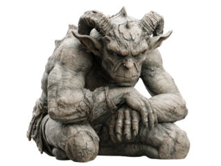 Crouching stone gargoyle with large curved horns and a pensive menacing expression.
