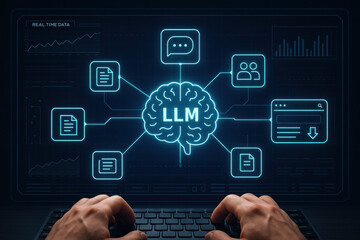 Large language model concept with human hands typing on keyboard and digital brain interface