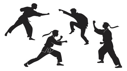 Silhouettes of karate fighters in various poses