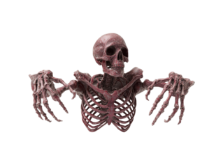 Aged blood-red skeleton with a weathered texture arms outstretched in a menacing hug pose.