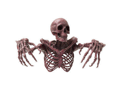 Aged blood-red skeleton with a weathered texture arms outstretched in a menacing hug pose.