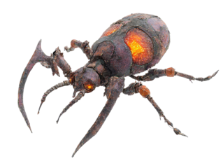 Volcanic alien insect with a cracked rocky exoskeleton and a fiery glowing orange core.