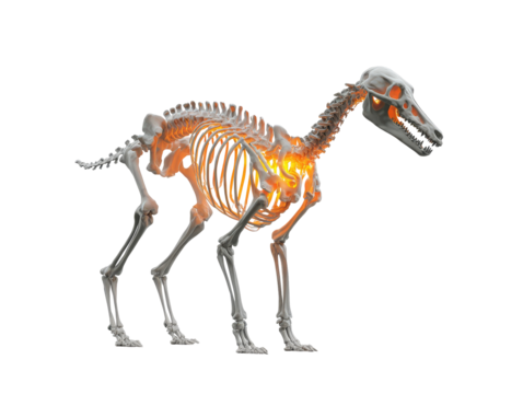 Side view of a dogs skeleton with a vibrant orange glow highlighting the torso and skull.