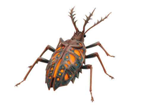 Fantasy stag beetle with a glowing orange core dark textured carapace and large branching antlers.