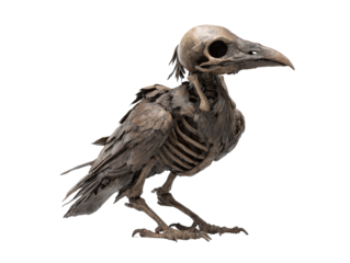 Artistic raven skeleton sculpture with dark textured feathers and an exposed skull standing in profile.