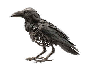 Fototapeta premium Intricate dark metal raven sculpture with an exposed skeletal ribcage and detailed feathers.