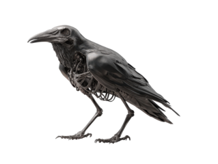 Dark metallic raven sculpture with a visible skeleton showing an intricate ribcage and bones.