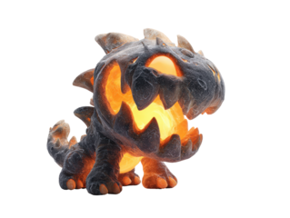 A small stylized dragon figurine with a dark rocky texture glowing with a fiery orange light from its carved eyes and mouth.