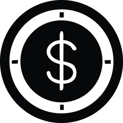 Stylized black and white graphic featuring a dollar sign centered within a circular target or crosshair symbol representing financial goals