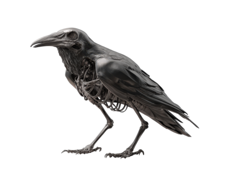 Dark metallic raven sculpture with a visible skeleton showing an intricate ribcage and bones.