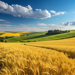 Obraz premium Green wheat field under blue sky in countryside landscape