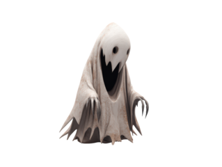 Terrifying ghost figure with a textured white shroud gaping jagged mouth and long sharp claws.
