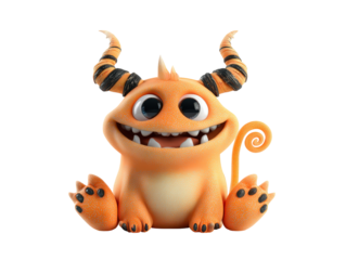 Adorable sitting orange monster with a wide happy smile and black-striped spiral horns.