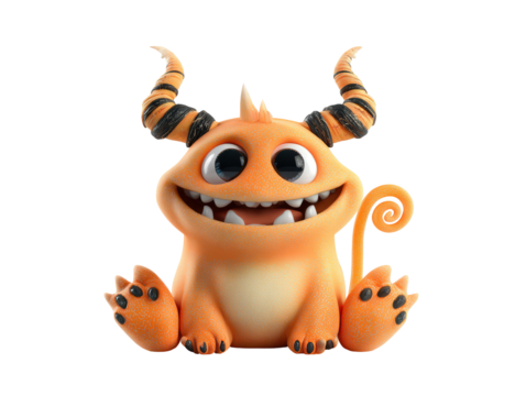 Adorable sitting orange monster with a wide happy smile and black-striped spiral horns. - Powered by Adobe