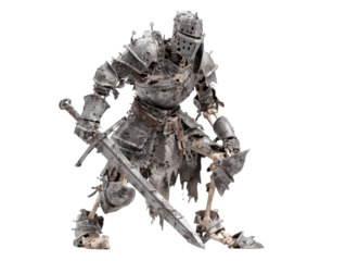 Fallen skeletal knight in decaying battle-damaged metal armor kneeling with a greatsword.