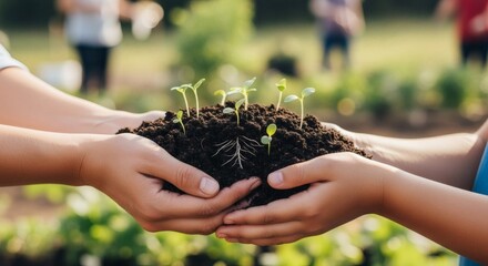 Close up of hands holding soil with seedlings, symbolizing growth, care, and environmental awareness in a bright, sunny outdoor setting