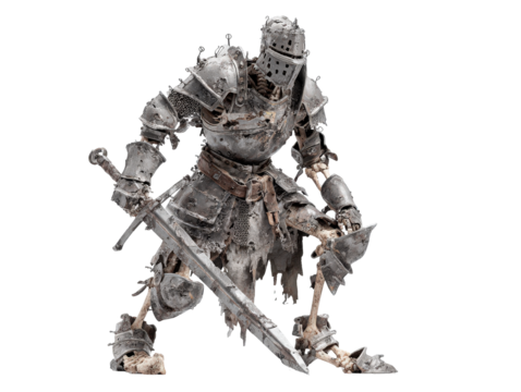 Fallen skeletal knight in decaying battle-damaged metal armor kneeling with a greatsword.