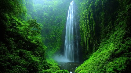 Lush green rainforest waterfall cascading down mossy cliffs