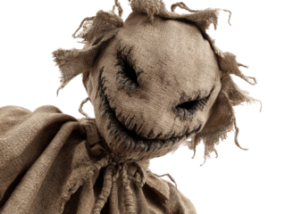 A terrifying scarecrow with a tattered burlap head stitched sinister grin and hollow eyes.