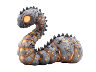 Mythical coiled rock serpent with a glowing orange eye and cracked stone skin.