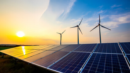 Solar Panels and Wind Turbines Reflecting a Golden Sunset Sky