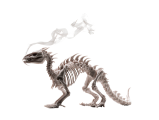Mythical dragon skeleton in profile featuring a spiky spine and an ethereal wisp of smoke.