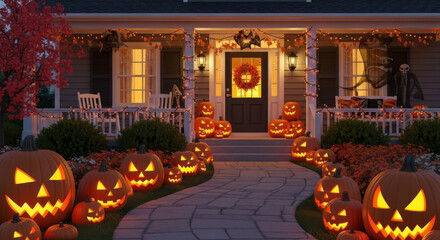 Warmly lit halloween decorated house entrance with glowing jack o lanterns lining the path