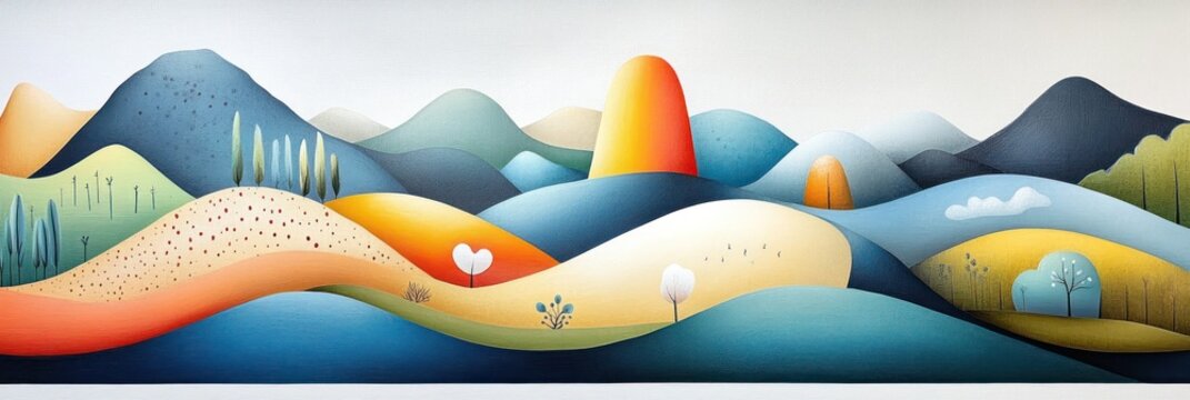 Serene landscape of rolling hills, mountains, and trees in autumnal hues