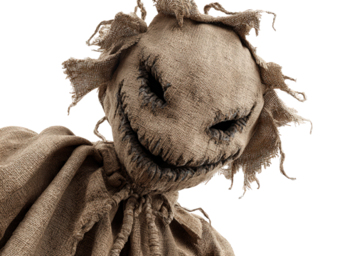 A terrifying scarecrow with a tattered burlap head stitched sinister grin and hollow eyes.