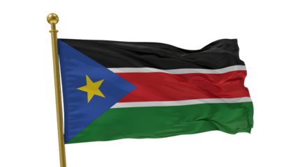 National flag of South Sudan waving on flagpole isolated on white background, symbol of African country independence and identity